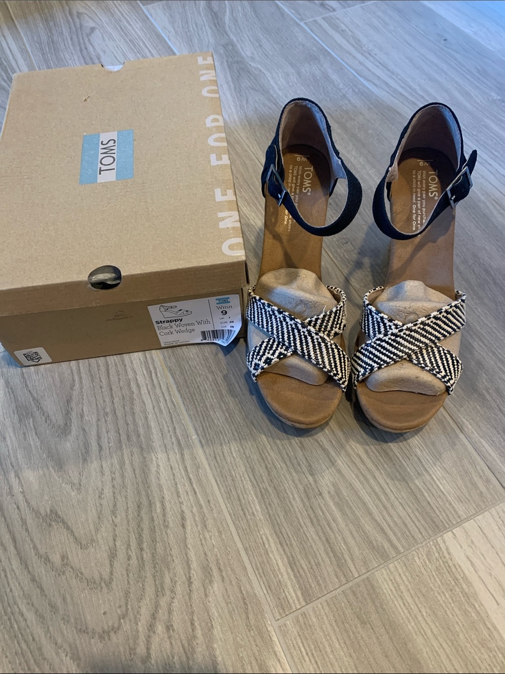 Toms Black and White Crisscross Ankle Strap Wedges